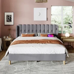 Okwish Lit Double 140 x 200 Cm - Lit Adult avec Chargement USB Type-C - Lin, MDF, Métal - Sans Matelas - Gris Clearance