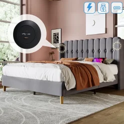 Okwish Lit Double 140 x 200 Cm - Lit Adult avec Chargement USB Type-C - Lin, MDF, Métal - Sans Matelas - Gris Clearance