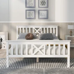 Okwish Lit double 140 x 200 cm - Lit classique avec tête de lit et sommier à lattes - Pin massif + MDF - Sans Matelas - Blanc