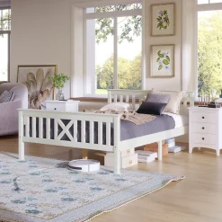 Okwish Lit double 140 x 200 cm - Lit classique avec tête de lit et sommier à lattes - Pin massif + MDF - Sans Matelas - Blanc
