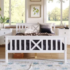Okwish Lit double 140 x 200 cm - Lit classique avec tête de lit et sommier à lattes - Pin massif + MDF - Sans Matelas - Blanc