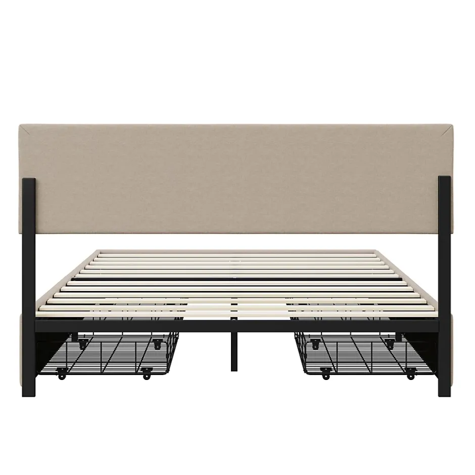 Simple Life Lit Double 160 X 200 Cm Avec 4 Tiroirs, Cadre De Lit Avec LED Et Sommier à Lattes, Lin, Beige New