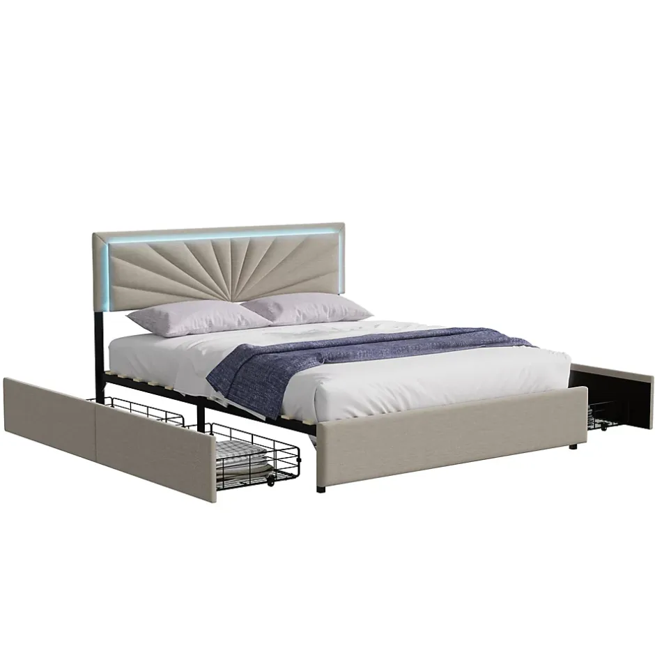 Simple Life Lit Double 160 X 200 Cm Avec 4 Tiroirs, Cadre De Lit Avec LED Et Sommier à Lattes, Lin, Beige New