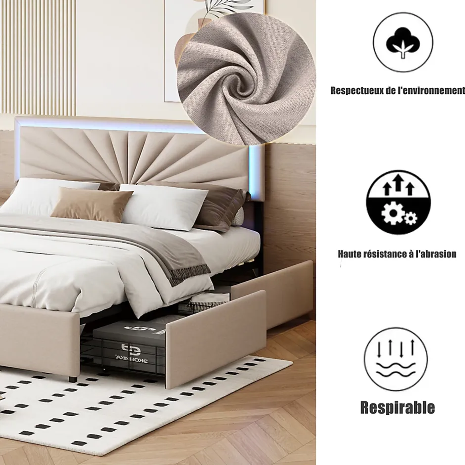 Simple Life Lit Double 160 X 200 Cm Avec 4 Tiroirs, Cadre De Lit Avec LED Et Sommier à Lattes, Lin, Beige New