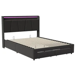 Fortuna lai Lit Double 140 X 200 Cm Avec Éclairage LED, Prise USB, Rangement, Tête De Lit Capitonnée, Noir