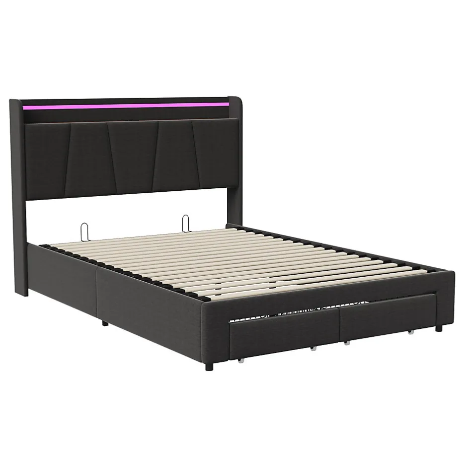 Fortuna lai Lit Double 140 X 200 Cm Avec Éclairage LED, Prise USB, Rangement, Tête De Lit Capitonnée, Noir