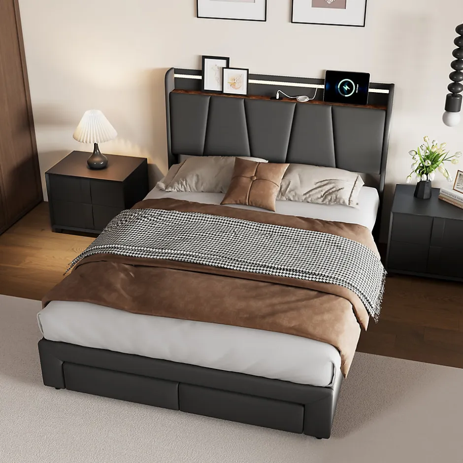 Fortuna lai Lit Double 140 X 200 Cm Avec Éclairage LED, Prise USB, Rangement, Tête De Lit Capitonnée, Noir