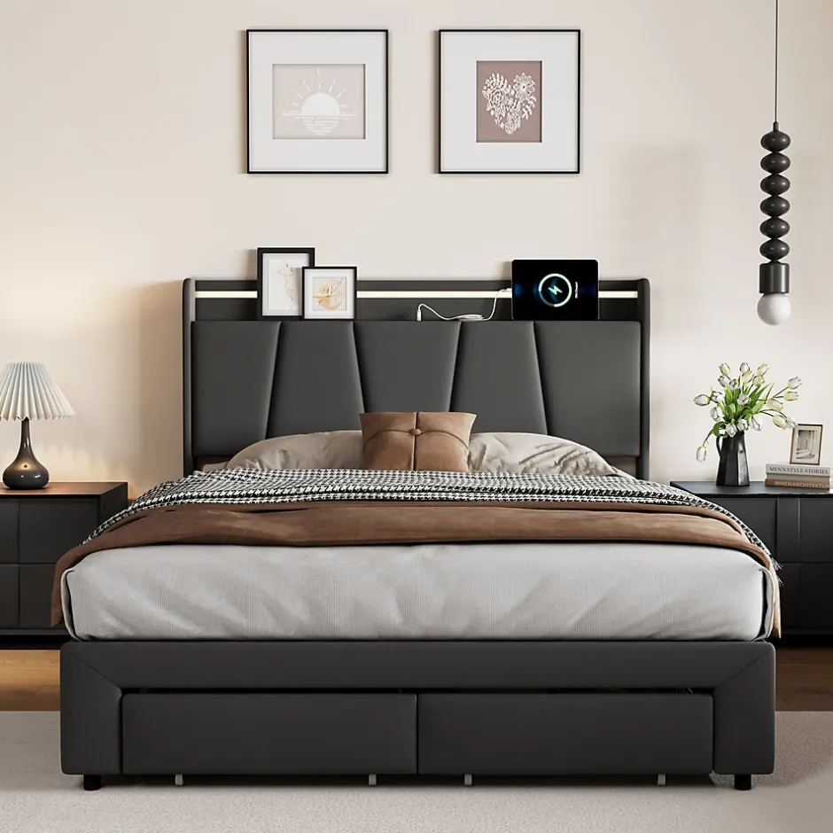 Fortuna lai Lit Double 140 X 200 Cm Avec Éclairage LED, Prise USB, Rangement, Tête De Lit Capitonnée, Noir