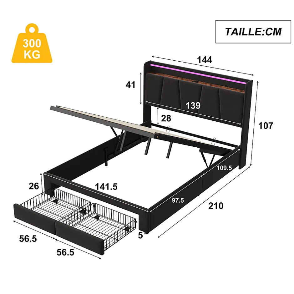 Fortuna lai Lit Double 140 X 200 Cm Avec Éclairage LED, Prise USB, Rangement, Tête De Lit Capitonnée, Noir