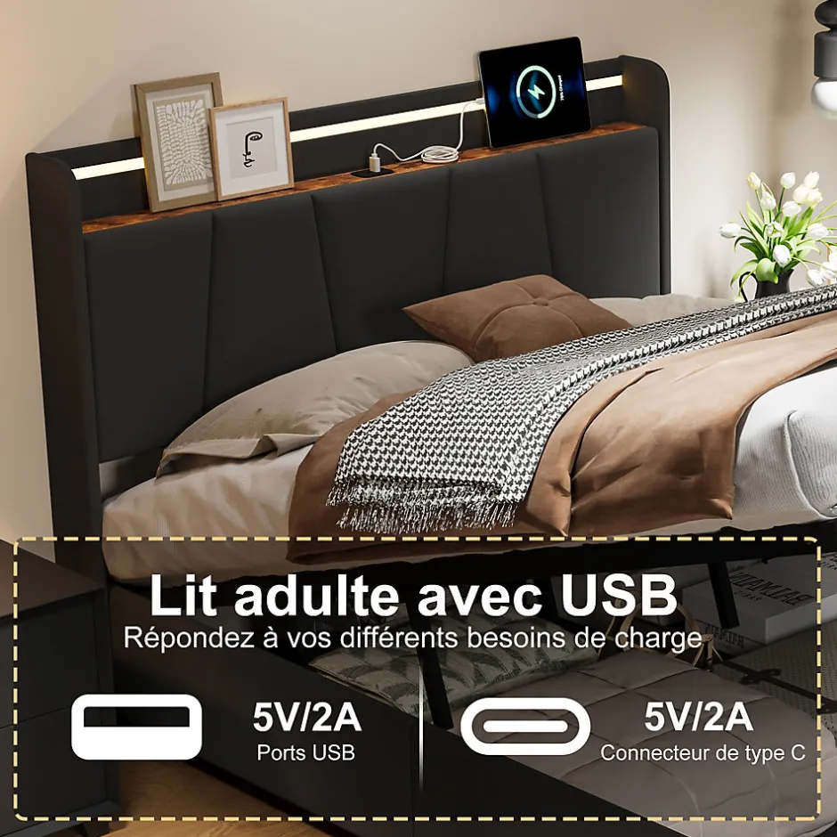 Fortuna lai Lit Double 140 X 200 Cm Avec Éclairage LED, Prise USB, Rangement, Tête De Lit Capitonnée, Noir