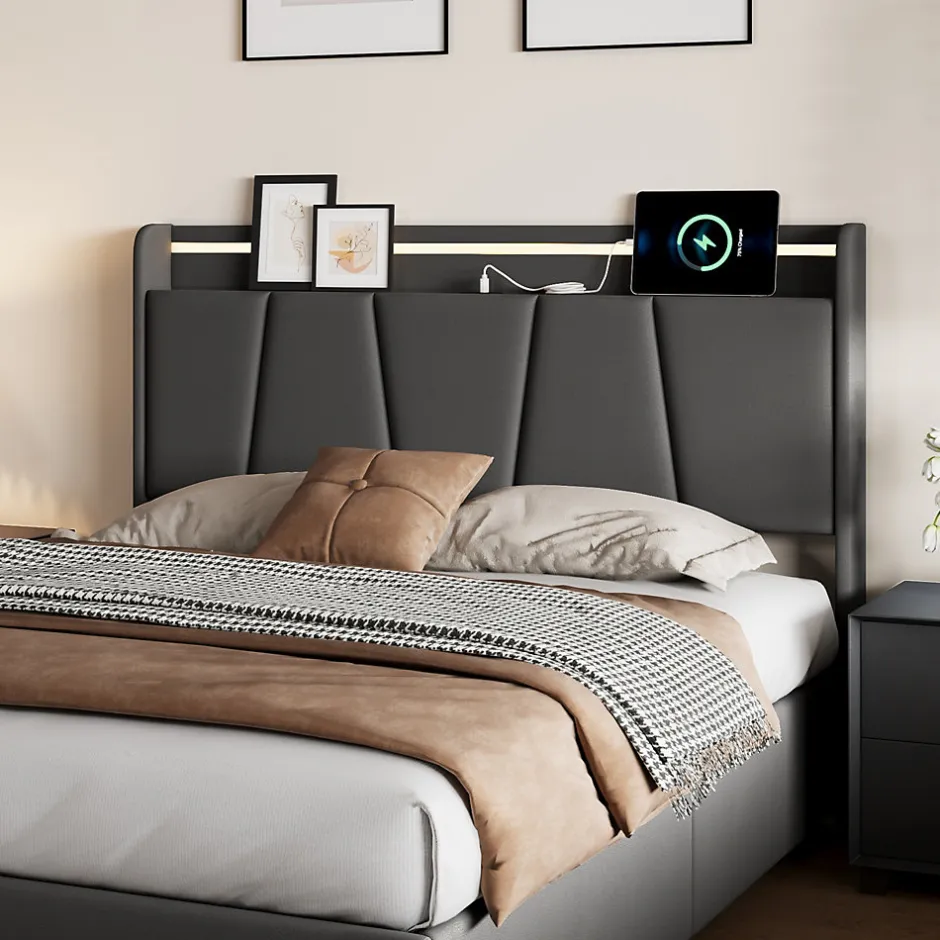 Fortuna lai Lit Double 140 X 200 Cm Avec Éclairage LED, Prise USB, Rangement, Tête De Lit Capitonnée, Noir