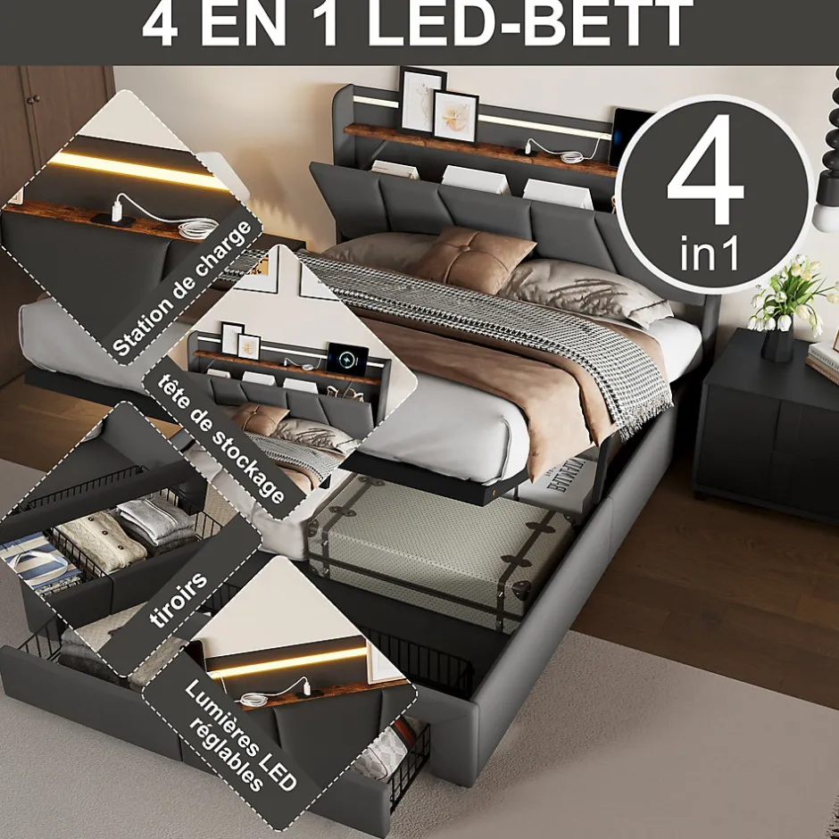 Fortuna lai Lit Double 140 X 200 Cm Avec Éclairage LED, Prise USB, Rangement, Tête De Lit Capitonnée, Noir