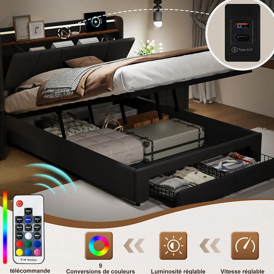 Fortuna lai Lit Double 140 X 200 Cm Avec Éclairage LED, Prise USB, Rangement, Tête De Lit Capitonnée, Noir