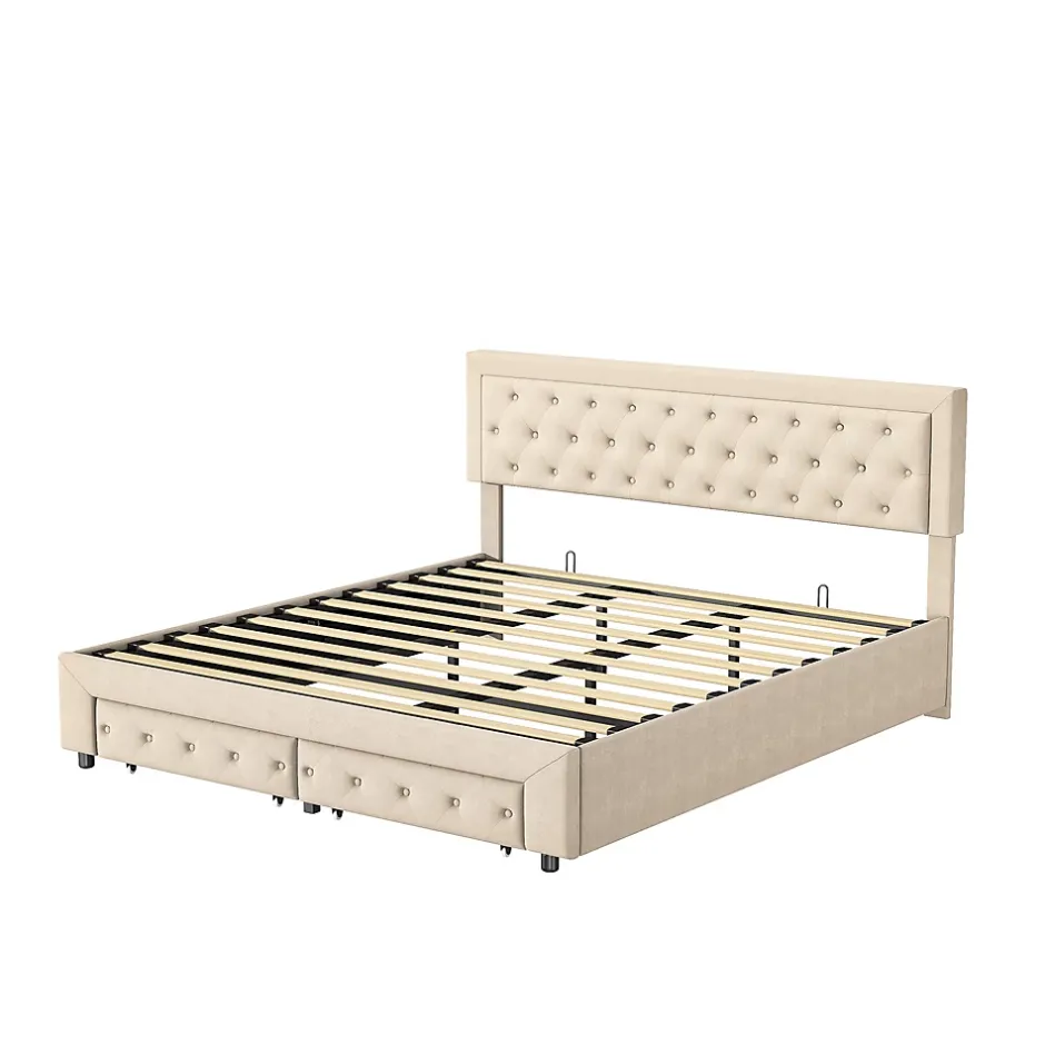 Simple Life Lit Double 180 X 200 Cm Avec Coffre Et Tiroirs,velours,sommier à Lattes,lit Hydraulique, Beige New