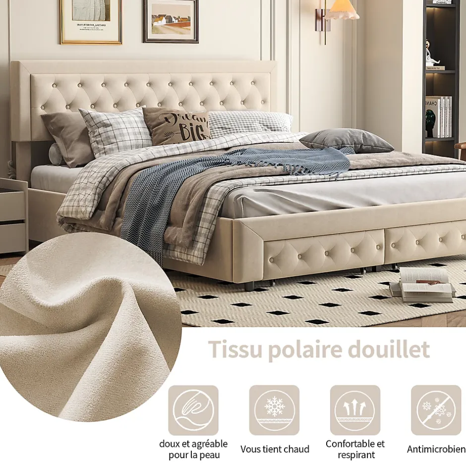 Simple Life Lit Double 180 X 200 Cm Avec Coffre Et Tiroirs,velours,sommier à Lattes,lit Hydraulique, Beige New