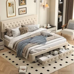 Simple Life Lit Double 180 X 200 Cm Avec Coffre Et Tiroirs,velours,sommier à Lattes,lit Hydraulique, Beige New