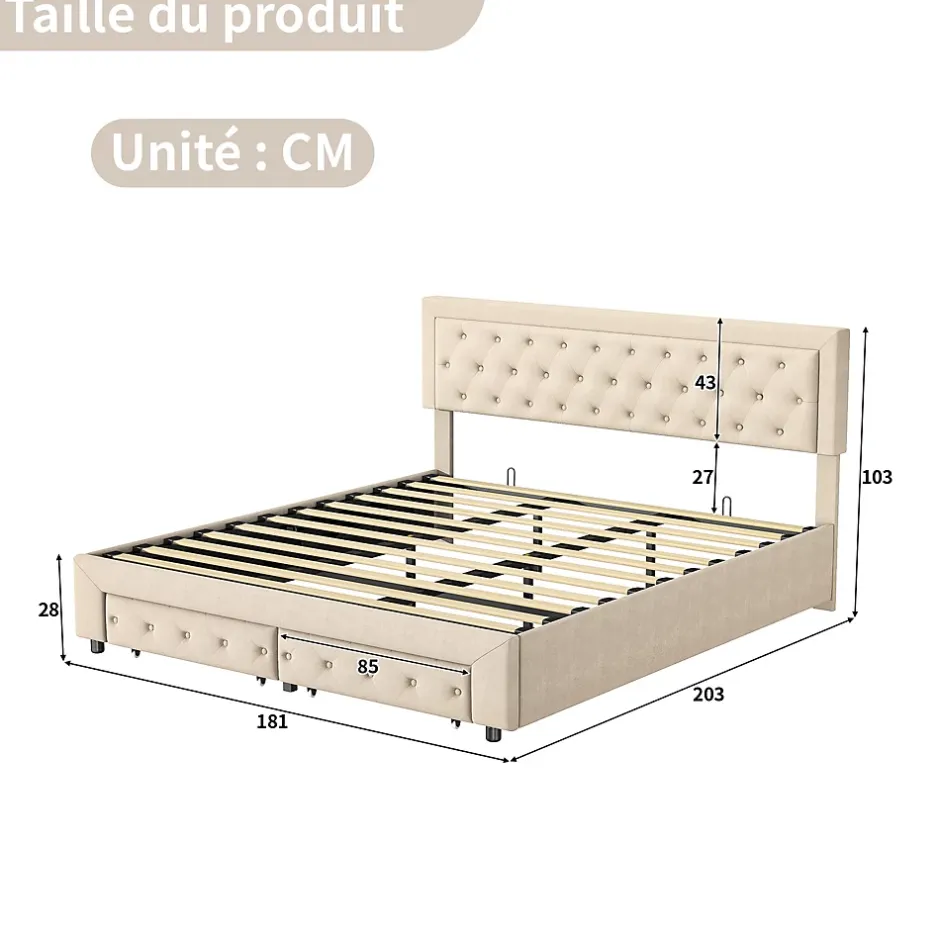 Simple Life Lit Double 180 X 200 Cm Avec Coffre Et Tiroirs,velours,sommier à Lattes,lit Hydraulique, Beige New
