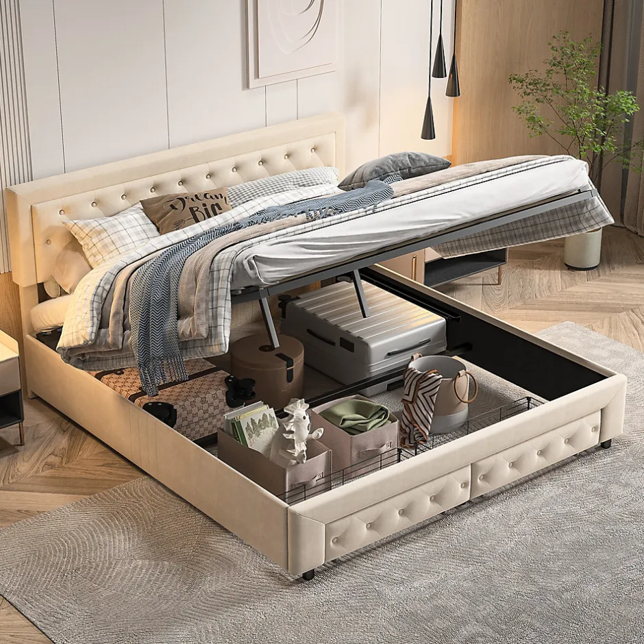 Simple Life Lit Double 180 X 200 Cm Avec Coffre Et Tiroirs,velours,sommier à Lattes,lit Hydraulique, Beige New