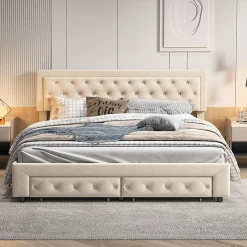 Simple Life Lit Double 180 X 200 Cm Avec Coffre Et Tiroirs,velours,sommier à Lattes,lit Hydraulique, Beige New