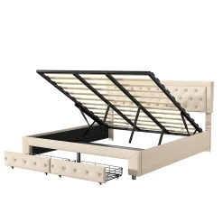 Simple Life Lit Double 180 X 200 Cm Avec Coffre Et Tiroirs,velours,sommier à Lattes,lit Hydraulique, Beige New
