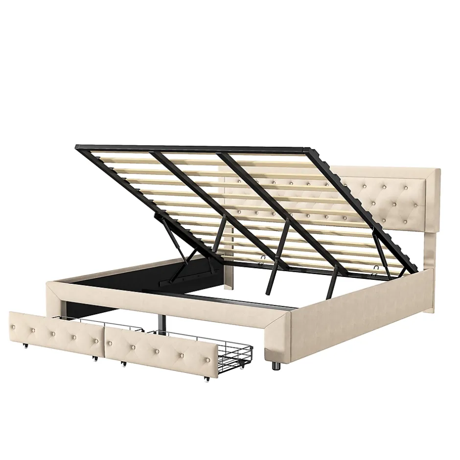Simple Life Lit Double 180 X 200 Cm Avec Coffre Et Tiroirs,velours,sommier à Lattes,lit Hydraulique, Beige New