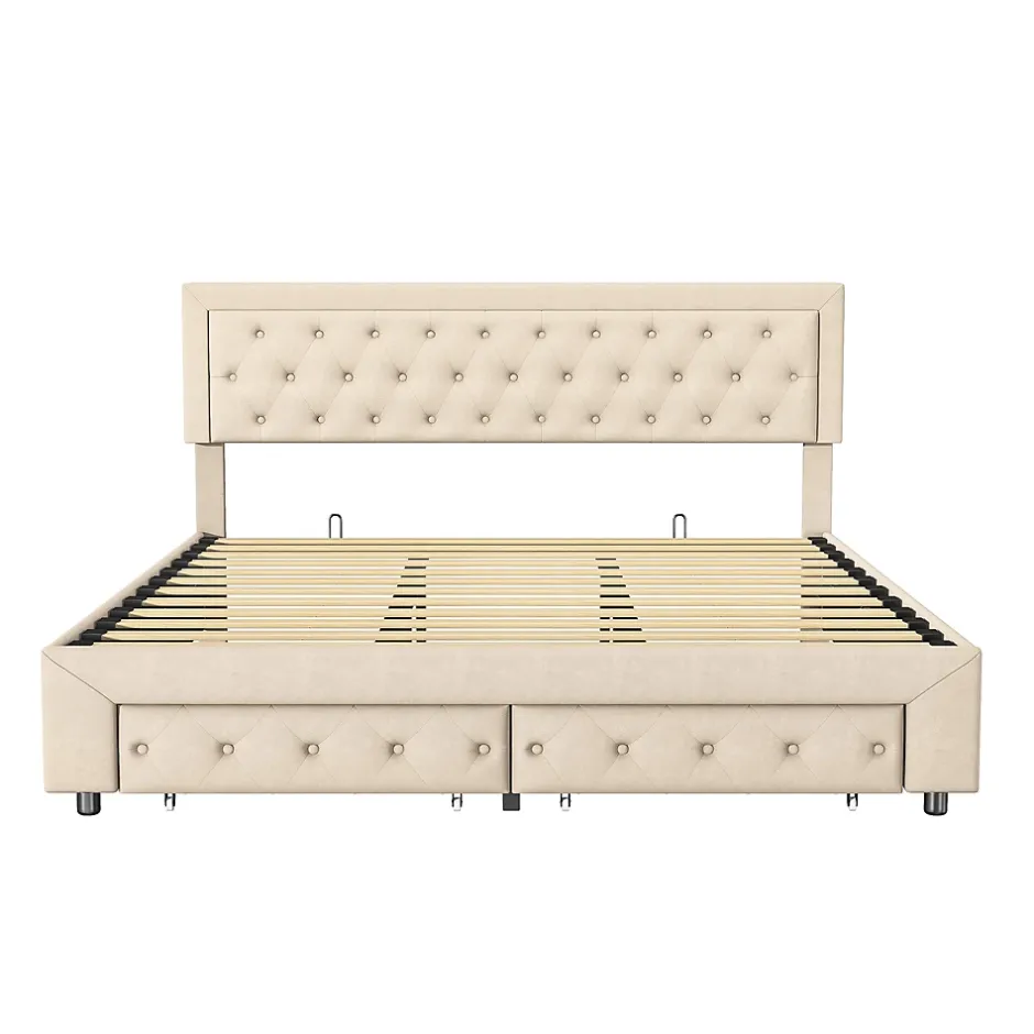Simple Life Lit Double 180 X 200 Cm Avec Coffre Et Tiroirs,velours,sommier à Lattes,lit Hydraulique, Beige New