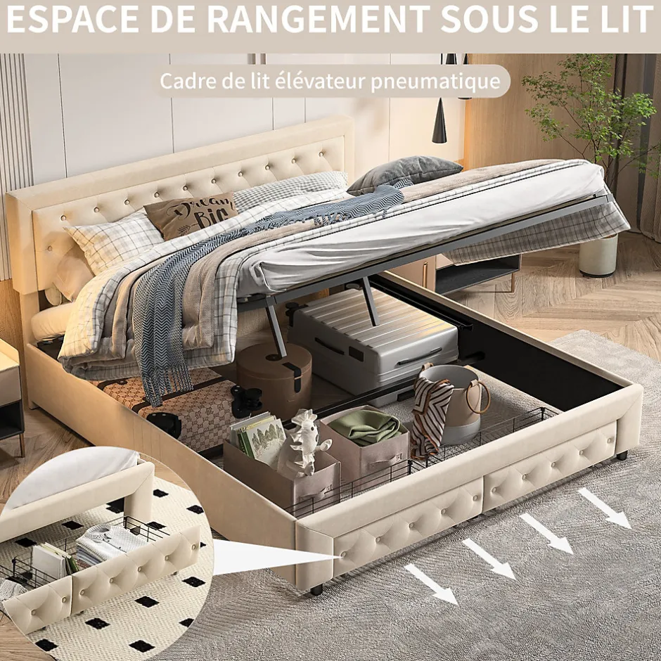 Simple Life Lit Double 180 X 200 Cm Avec Coffre Et Tiroirs,velours,sommier à Lattes,lit Hydraulique, Beige New