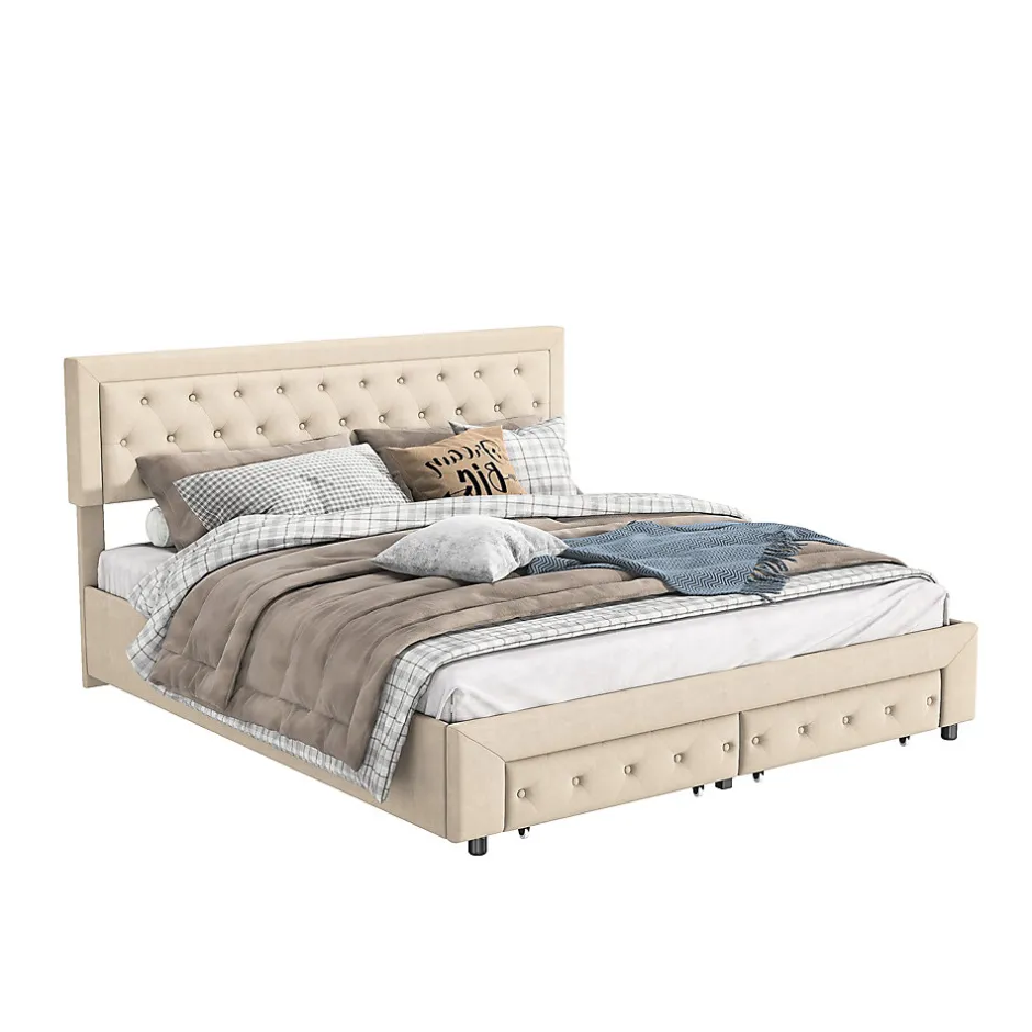 Simple Life Lit Double 180 X 200 Cm Avec Coffre Et Tiroirs,velours,sommier à Lattes,lit Hydraulique, Beige