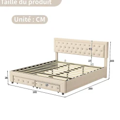 Simple Life Lit Double 180 X 200 Cm Avec Coffre Et Tiroirs,velours,sommier à Lattes,lit Hydraulique, Beige