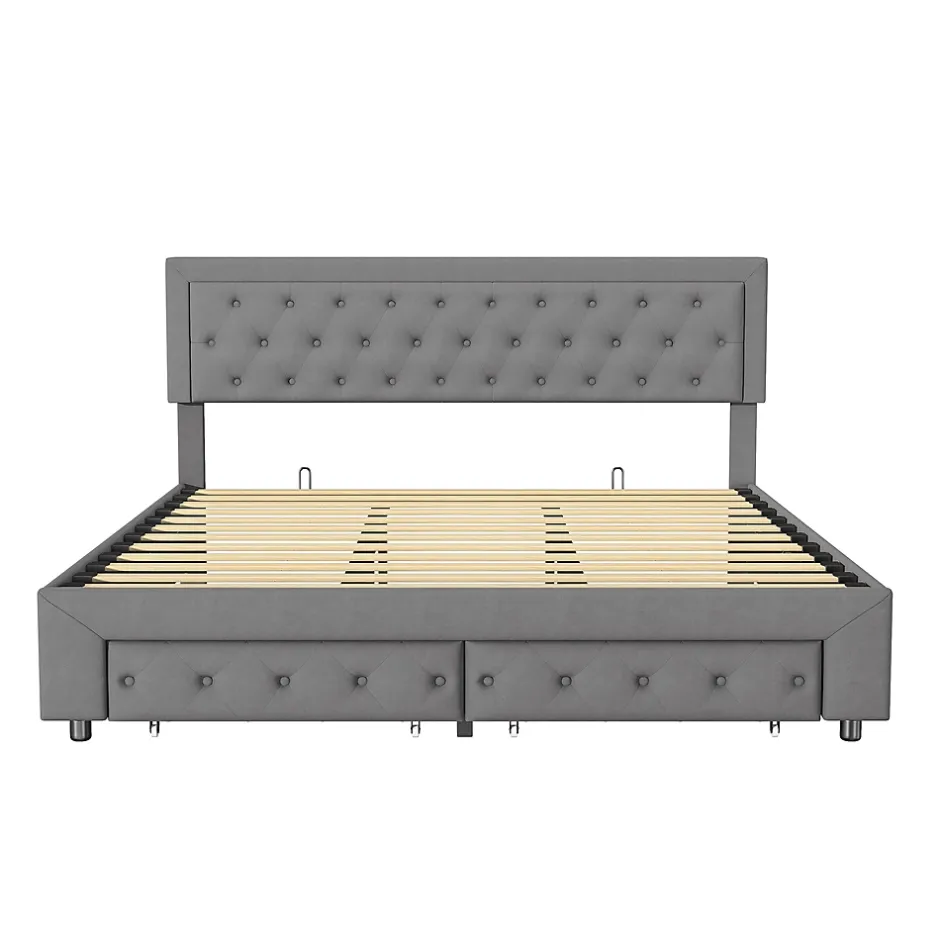 Simple Life Lit Double 180 X 200 Cm Avec Coffre Et Tiroirs,velours,sommier à Lattes,lit Hydraulique, Gris New