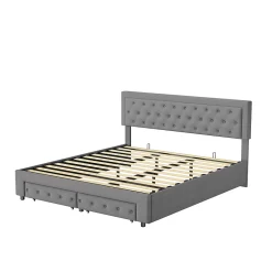 Simple Life Lit Double 180 X 200 Cm Avec Coffre Et Tiroirs,velours,sommier à Lattes,lit Hydraulique, Gris New