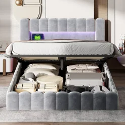 ProximaX Lit double 180 x 200 cm avec espace de rangement, Lit coffre avec lumières LED et USB, Gris clair Best