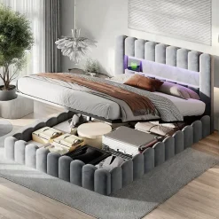 ProximaX Lit double 180 x 200 cm avec espace de rangement, Lit coffre avec lumières LED et USB, Gris clair Best