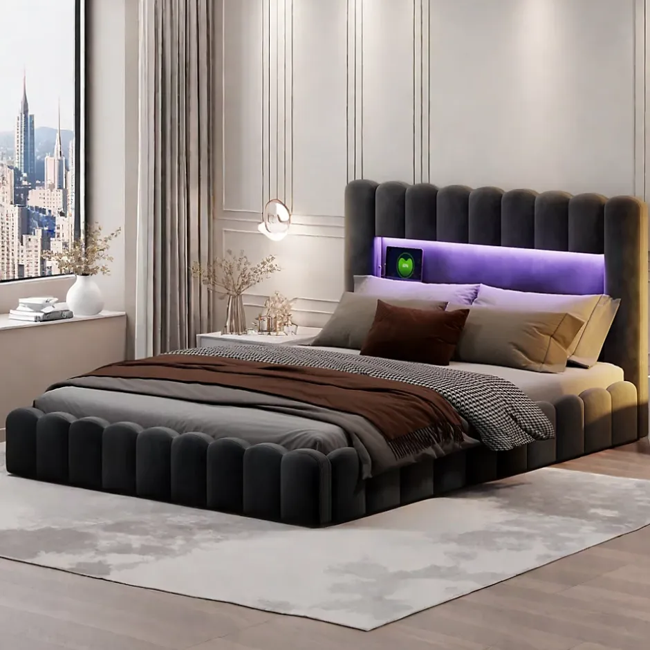 ProximaX Lit double 180 x 200 cm avec espace de rangement, Lit coffre avec lumières LED et USB, Gris clair Best