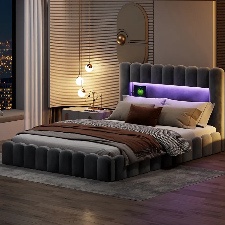 ProximaX Lit double 180 x 200 cm avec espace de rangement, Lit coffre avec lumières LED et USB, Gris clair Best