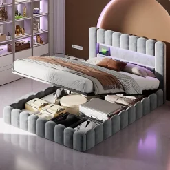 ProximaX Lit double 180 x 200 cm avec espace de rangement, Lit coffre avec lumières LED et USB, Gris clair Best