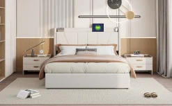 Fortuna lai Lit Double 140 X 200 Cm Avec Port USB Et Compartiment De Rangement, Avec Tête De Lit, Beige