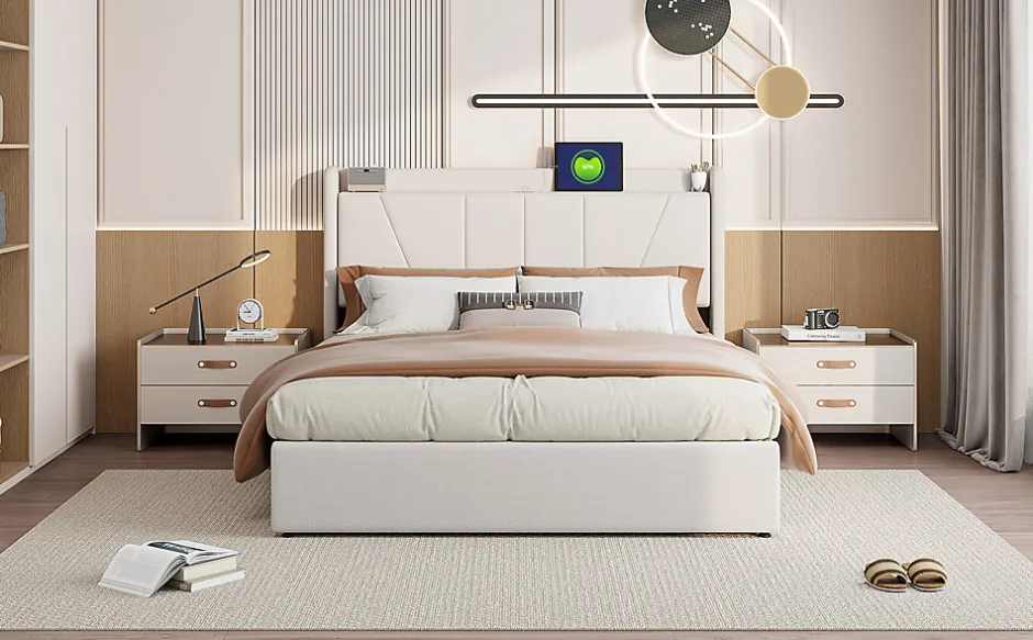 Fortuna lai Lit Double 140 X 200 Cm Avec Port USB Et Compartiment De Rangement, Avec Tête De Lit, Beige