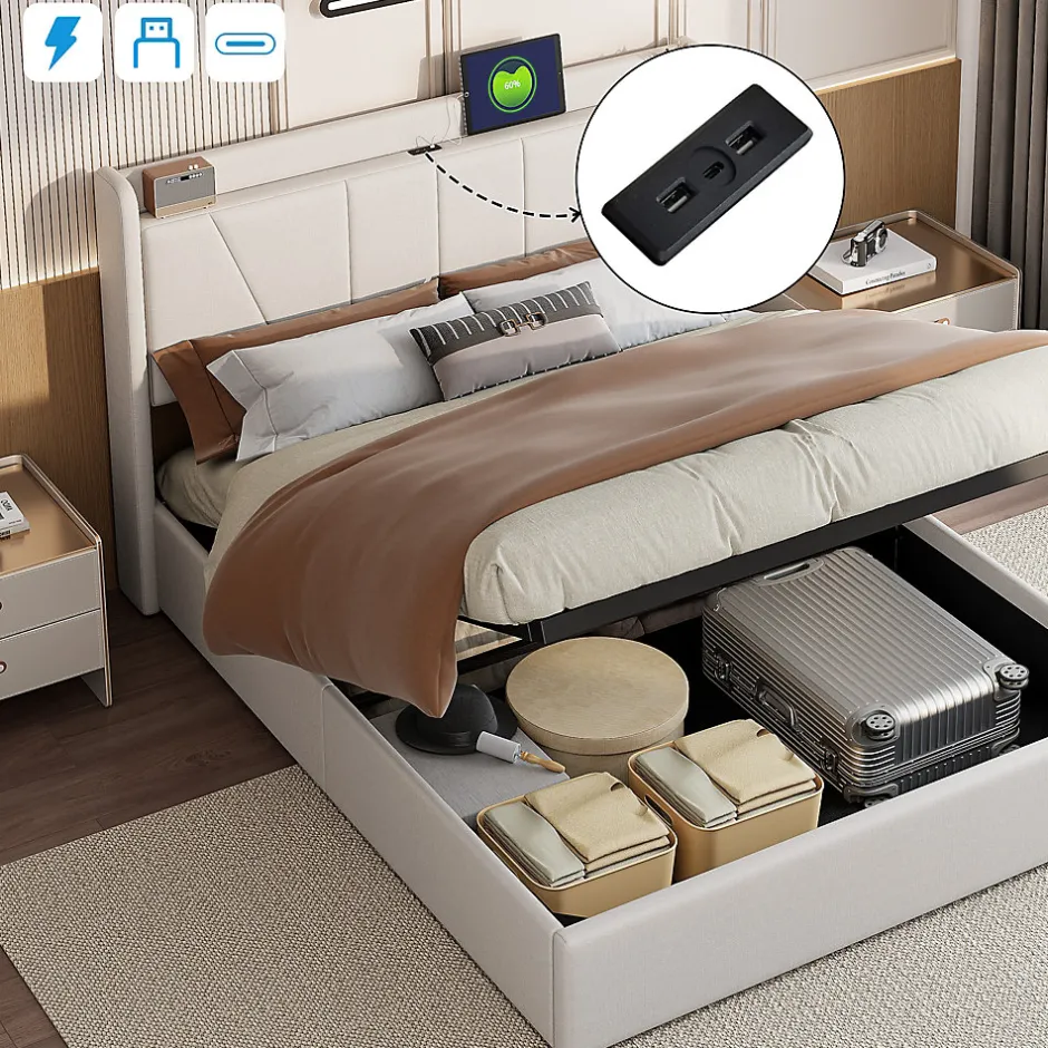 Fortuna lai Lit Double 140 X 200 Cm Avec Port USB Et Compartiment De Rangement, Avec Tête De Lit, Beige