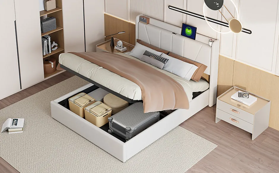 Fortuna lai Lit Double 140 X 200 Cm Avec Port USB Et Compartiment De Rangement, Avec Tête De Lit, Beige