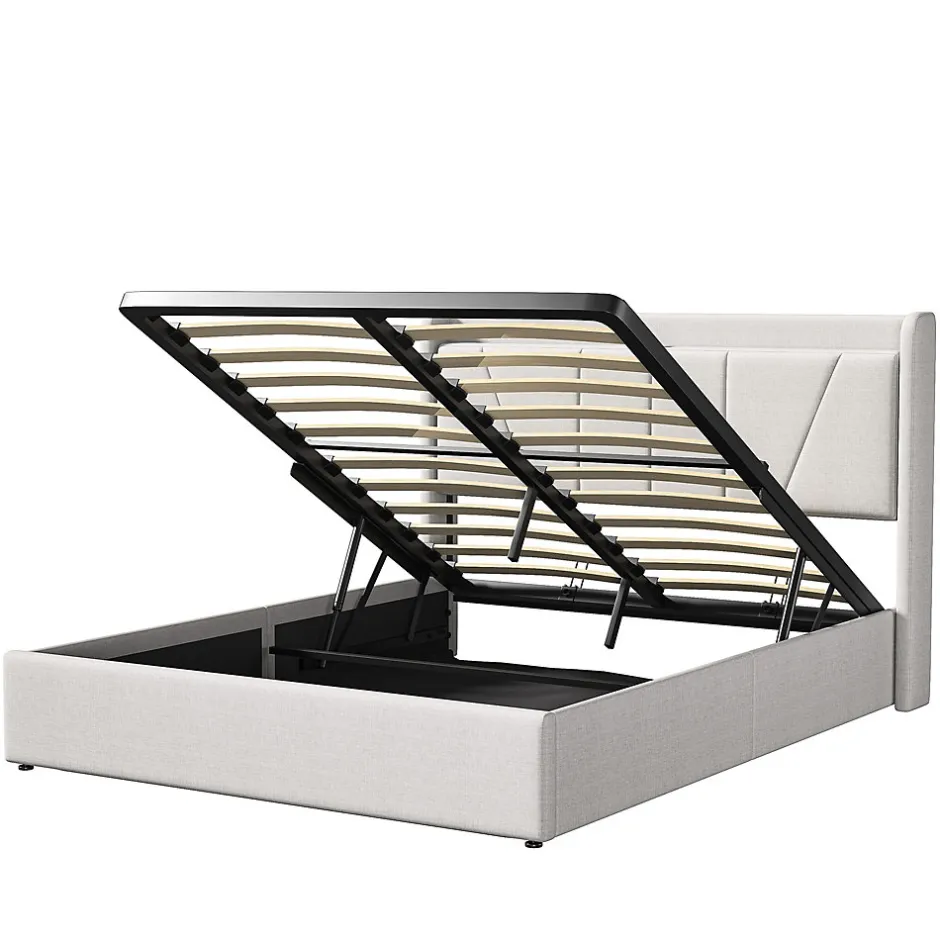 Fortuna lai Lit Double 140 X 200 Cm Avec Port USB Et Compartiment De Rangement, Avec Tête De Lit, Beige