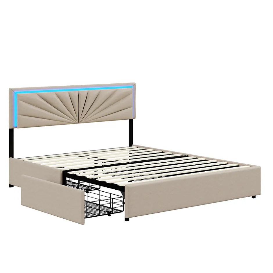 Simple Life Lit Double 140 X 200 Cm, Rembourré Avec 4 Tiroirs Et LED, Sommier à Lattes, Lin Beige Hot
