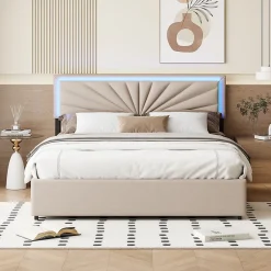 Simple Life Lit Double 140 X 200 Cm, Rembourré Avec 4 Tiroirs Et LED, Sommier à Lattes, Lin Beige Hot