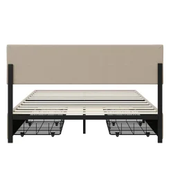 Simple Life Lit Double 160 X 200 Cm, Rembourré Avec 4 Tiroirs Et LED, Sommier à Lattes, Lin Beige Outlet