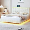 Simple Life Lit double 160 x 200 cm, sommier tapissier flottant, avec LED, lin, beige