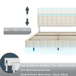 Simple Life Lit double 160 x 200 cm, sommier tapissier flottant, avec LED, lin, beige