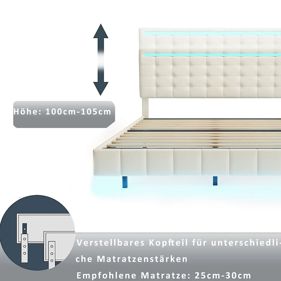 Simple Life Lit double 160 x 200 cm, sommier tapissier flottant, avec LED, lin, beige