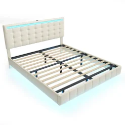 Simple Life Lit double 160 x 200 cm, sommier tapissier flottant, avec LED, lin, beige