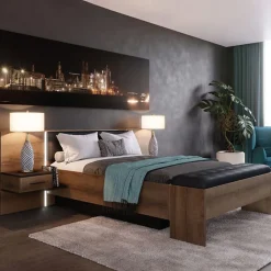 Meubletmoi Lit double 160 x 200 décor chêne foncé et noir avec LED - RIVIERA Online