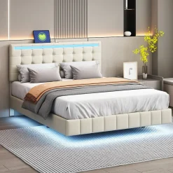 Simple Life Lit double 160 x 200cm avec sommier à lattes, Lit 160 x 200cm avec éclairage LED et USB, cadre de lit en lin, Beige